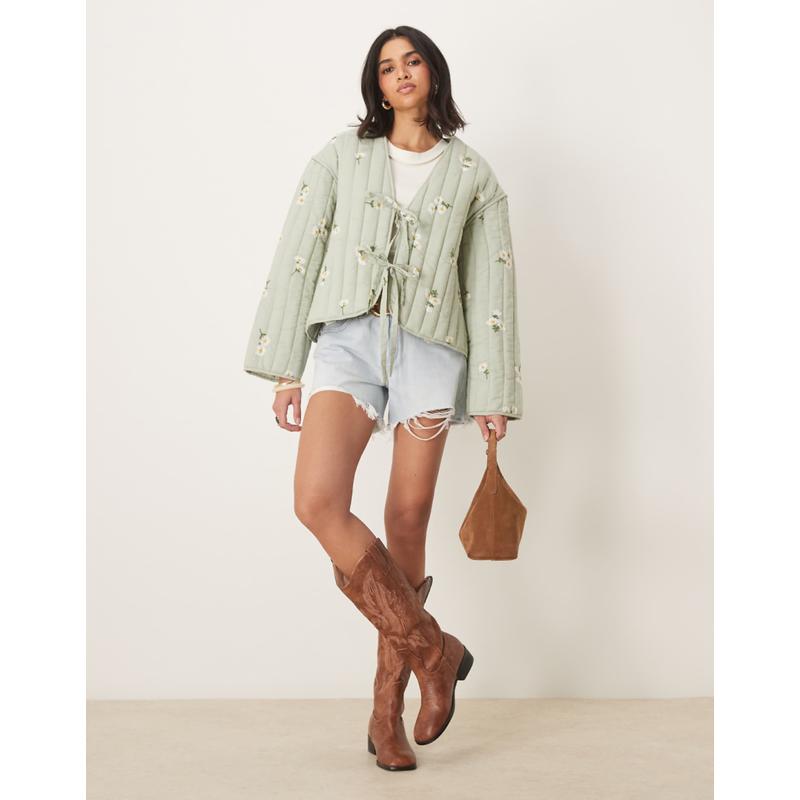 ASOS DESIGN 女士 夹克 设计前襟绑带绗缝刺绣夹克(sage) - 图0