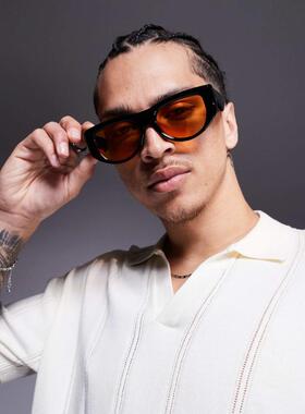 ASOS DESIGN 男士 太阳镜 设计粗框飞行员琥珀镜片黑色框太阳眼镜