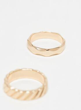 ASOS DESIGN 男士 戒指 molten 设计罗纹带子戒指(2件套)(金色)