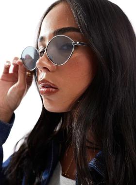 ASOS DESIGN 女士 太阳镜 设计金属椭圆形光泽银色太阳眼镜