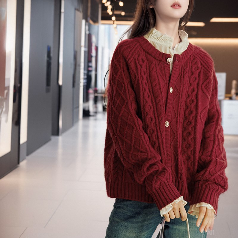 低圆领羊毛衫毛衣外套女短款宽松A慵懒风大码加厚粗线春秋针织开 - 图0