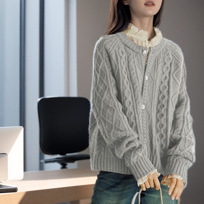 低圆领羊毛衫毛衣外套女短款宽松A慵懒风大码加厚粗线春秋针织开 - 图1