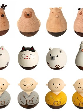 速发【现货】创意木质工艺品不倒翁木制玩具不倒翁麋鹿摆件镇纸