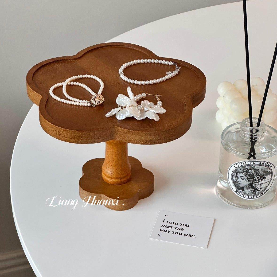 花朵木质香薰托盘高脚香水置物架首饰托盘化妆品收纳玄关钥匙收纳,淘宝优惠券,粉丝福利购,淘宝优惠卷