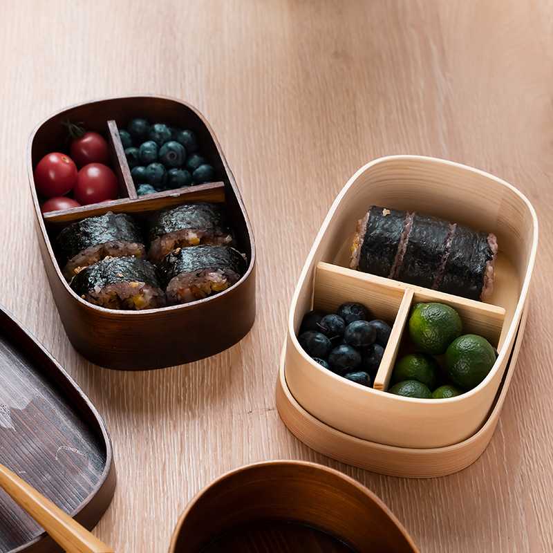 新款直销日式便当盒午餐盒野餐盒复古餐盒木饭盒木质便携学生点心 - 图0