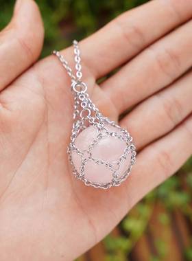 欧美外贸天然水晶原石网兜金属项链编织吊坠 调节链子网兜吊坠绳