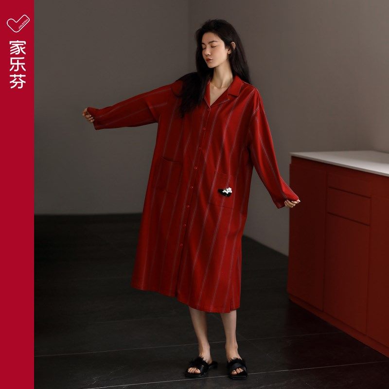 家乐芬大红色睡裙女士睡衣春秋季秋款纯棉长袖大码长款本命年蛇年,淘宝优惠券,粉丝福利购,淘宝优惠卷