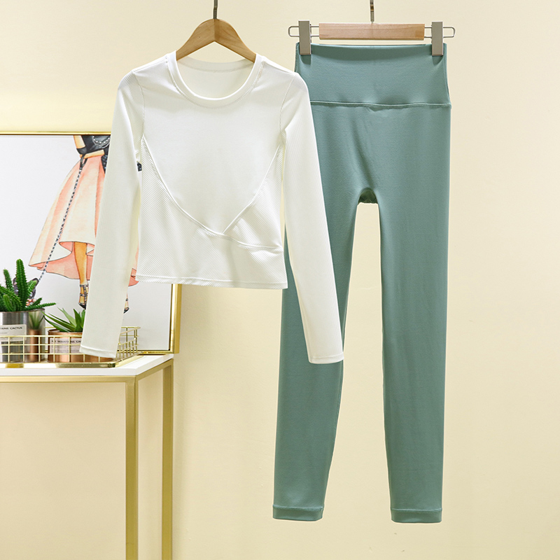 秋冬瑜伽服女套装打底衫普拉提跑步健身服短款运动长袖不带胸垫 - 图3