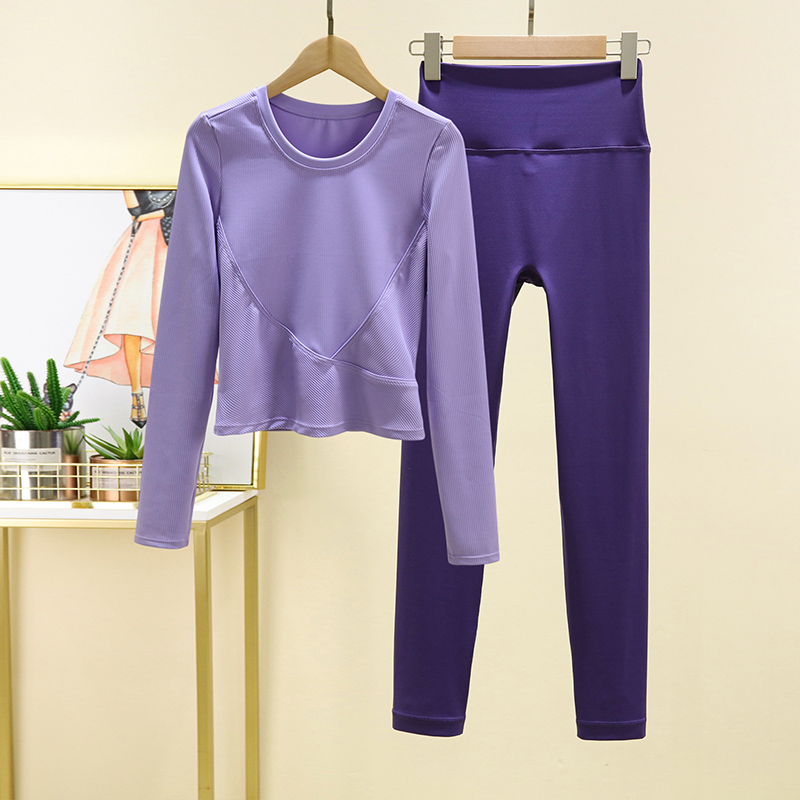 秋冬瑜伽服女套装打底衫普拉提跑步健身服短款运动长袖不带胸垫 - 图1