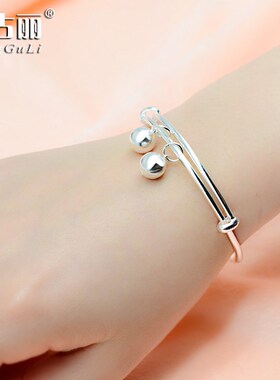 光面带铃铛宝宝脚镯9999纯银镯子推拉款银手镯男女小孩子婴儿童镯