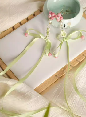 汉服古风花朵绿色飘带发夹