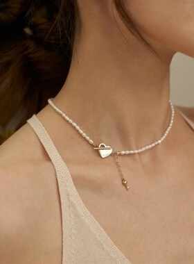 日韩版简约温婉淡水米粒小珍珠爱心OT扣钥匙气质短款项链锁骨链女