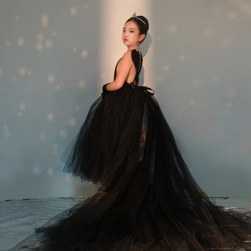 女童黑色公主裙模特走秀拖尾晚礼服洋气演出服影楼摄影模卡蓬蓬裙,淘宝优惠券,粉丝福利购,淘宝优惠卷
