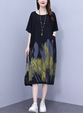 韩版大码连衣裙女2024夏季新款时尚洋气撞色设计感休闲宽松中长裙