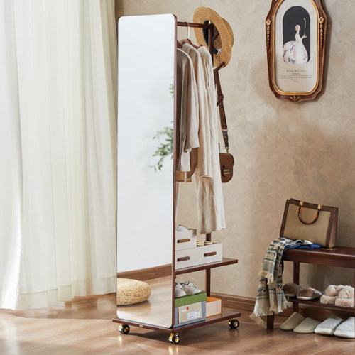 实木挂衣架落地卧室家用衣v帽架带全身镜穿衣镜试衣服移动家用挂 - 图1