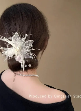欲望蝴蝶~纯欲风羽毛珍珠发夹