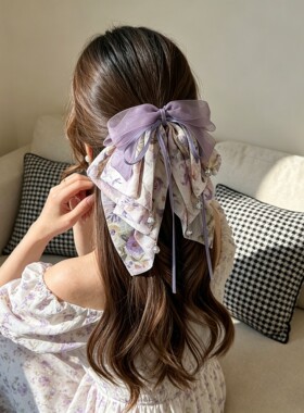 仙女风紫色碎花蝴蝶结抓夹显发量
