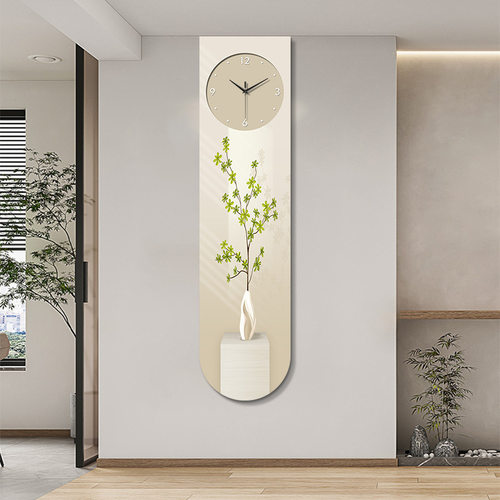 精雕U形奶油风清新绿植装饰画带钟表窄长条LED暖光高级感挂壁灯画 - 图2