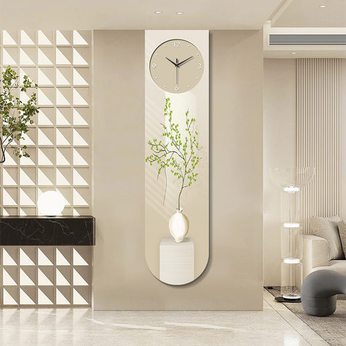精雕U形奶油风清新绿植装饰画带钟表窄长条LED暖光高级感挂壁灯画 - 图3
