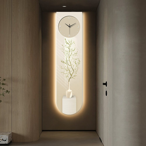 精雕U形奶油风清新绿植装饰画带钟表窄长条LED暖光高级感挂壁灯画 - 图1