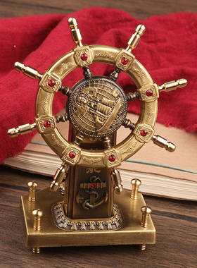 纯黄铜领航舵盘h摆件办公桌面装饰车载小摆件舵手航海工艺礼品摆