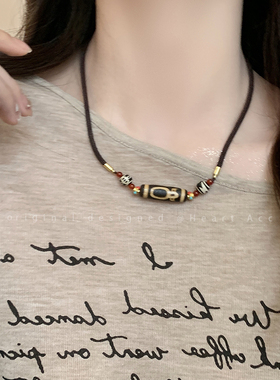 民族风藏式九眼天珠项链女小众设计感情侣配饰新中式复古毛衣链男