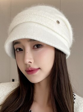 高级轻奢铜扣M标鸭舌兔毛帽子女冬天护耳加绒盆帽户外保暖针织帽