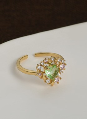 真金电镀镶锆石气质开口戒指女复古法式祖母绿爱心指环简约食指戒