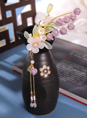 汉服发夹紫色铃兰花流苏边夹仙气步摇配饰女古装演出发饰古风头饰