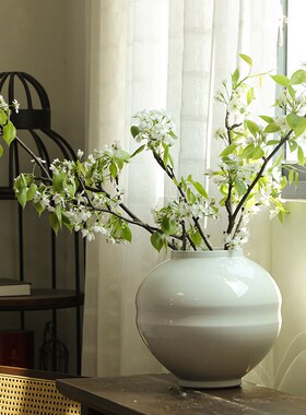 新中式白色陶瓷月亮罐花瓶插花手工圆球形粗陶摆件室内玄关书架装