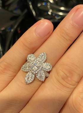 天花板颜值 开口双层花朵戒指 立体感炒好花指环满钻女式轻奢