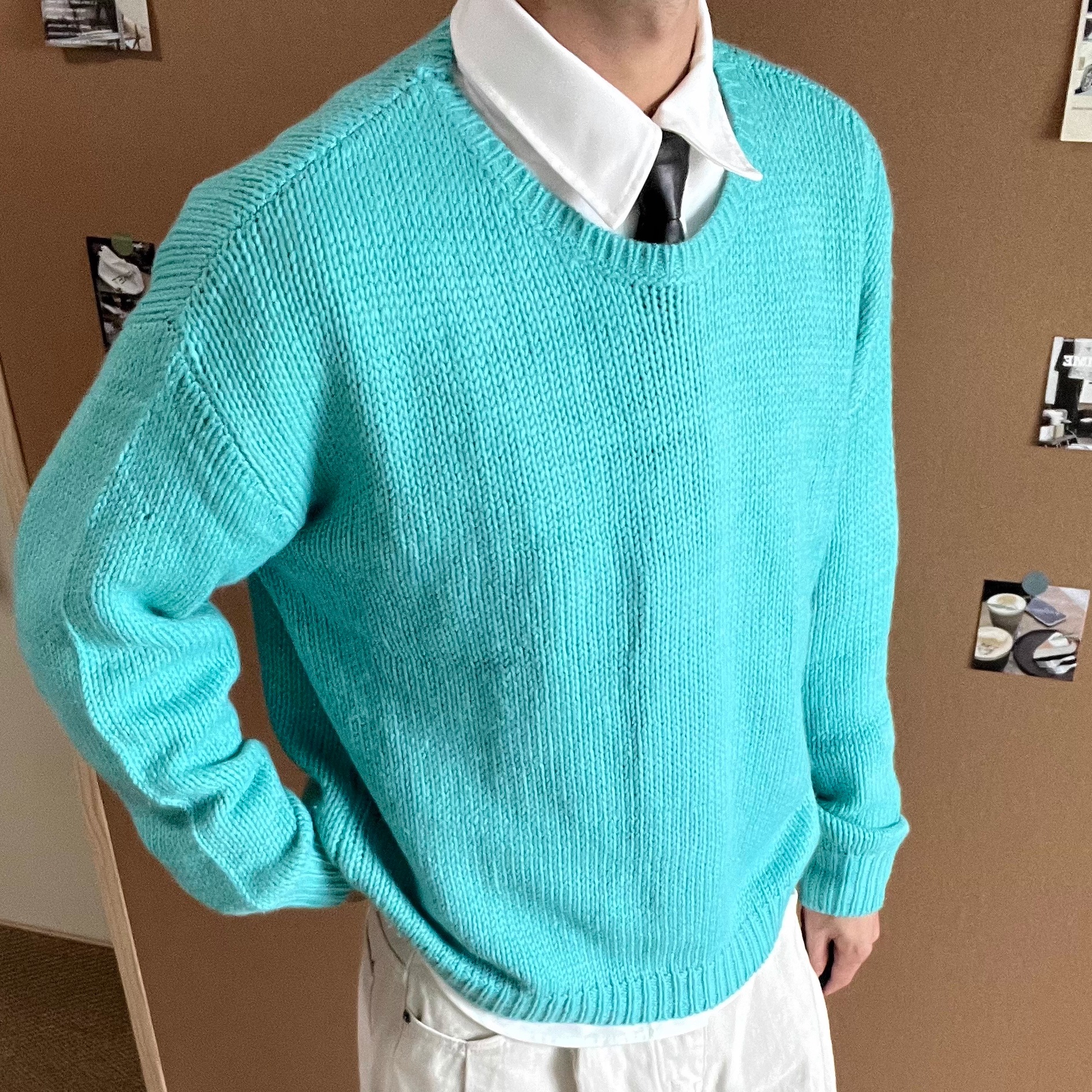 Vcatecx秋冬湖水绿毛衣男女boxy短宽慵懒粗针冰岛毛针织衫老钱风 - 图1