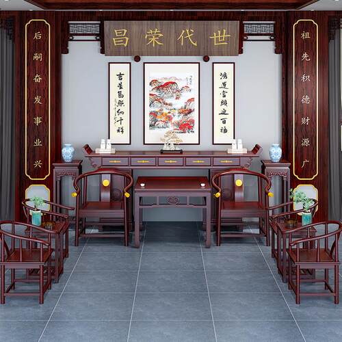 新中式实木中堂六件套条案供桌香案农村堂屋家用八仙桌神台神龛 - 图1