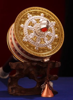 王师兄黄铜红铜六字金银铜色手摇转金轮大号转经简铜红色家用实木