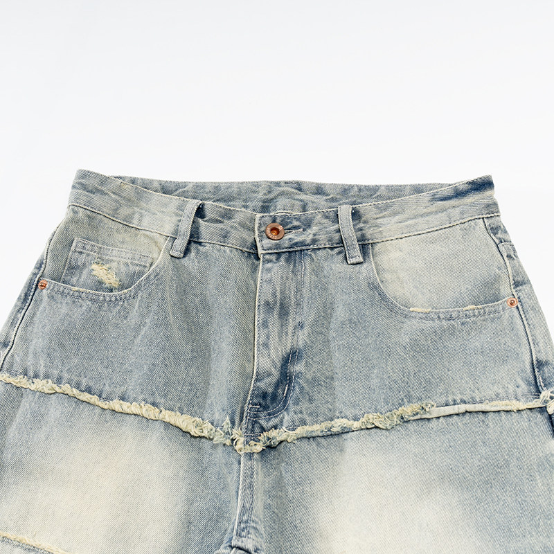 BAIRBAOLIY街头个性毛边拼接破洞美式牛仔裤设计感宽松直筒长裤男,淘宝优惠券,粉丝福利购,淘宝优惠卷