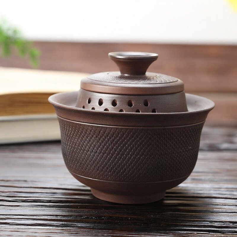 She De purple pottery Han tile jumping knife Sancai covered tea bowl Kungfu tea set tea set hand-grip anti-scald tea cup