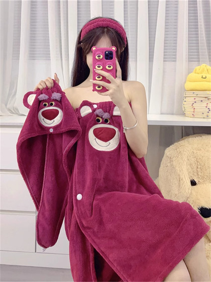Cartoon strawberry bear bath towel for girls to wear and wrap around in the bath, large towel with hood, bathrobe style bath skirt, cute three-piece set