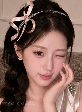 芭蕾风粉色蝴蝶结丝带闪钻发箍女