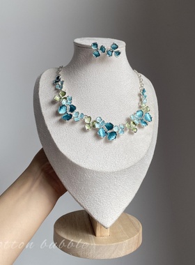 法式蓝色花朵项链耳环套装晚礼服