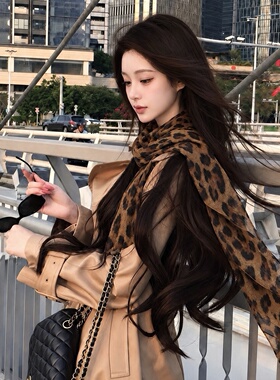 韩系复古豹纹长条系脖丝巾薄款女