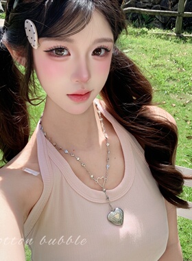 vintage古着银色爱心吊坠项链女