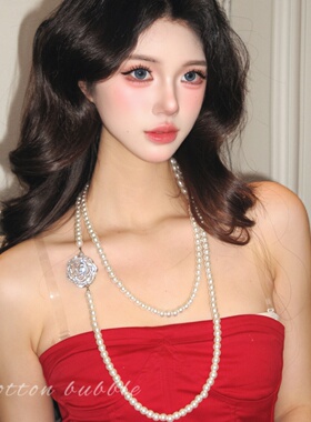 法式山茶花双层珍珠项链长款配饰