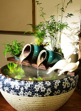 庭院造景古法养鱼流水陶罐鱼缸配件水F车装饰循环生态鱼缸景观喷