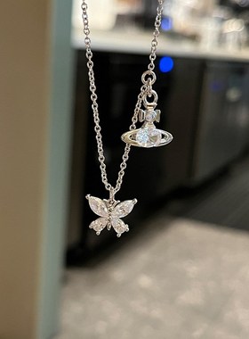 新款 西太晶钻蝴蝶土星项链耳环精镶星球耳饰颈链