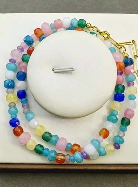 欧美轻奢自由宝石天然石彩色串珠守护项链小众真空镀18k金高保色