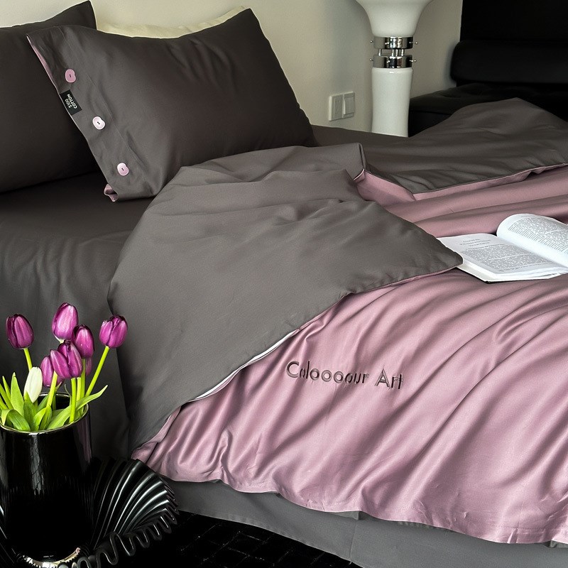 简约素色轻奢全棉100支贡缎长绒棉绣花四件套撞色双拼纽扣枕套1.8 - 图1