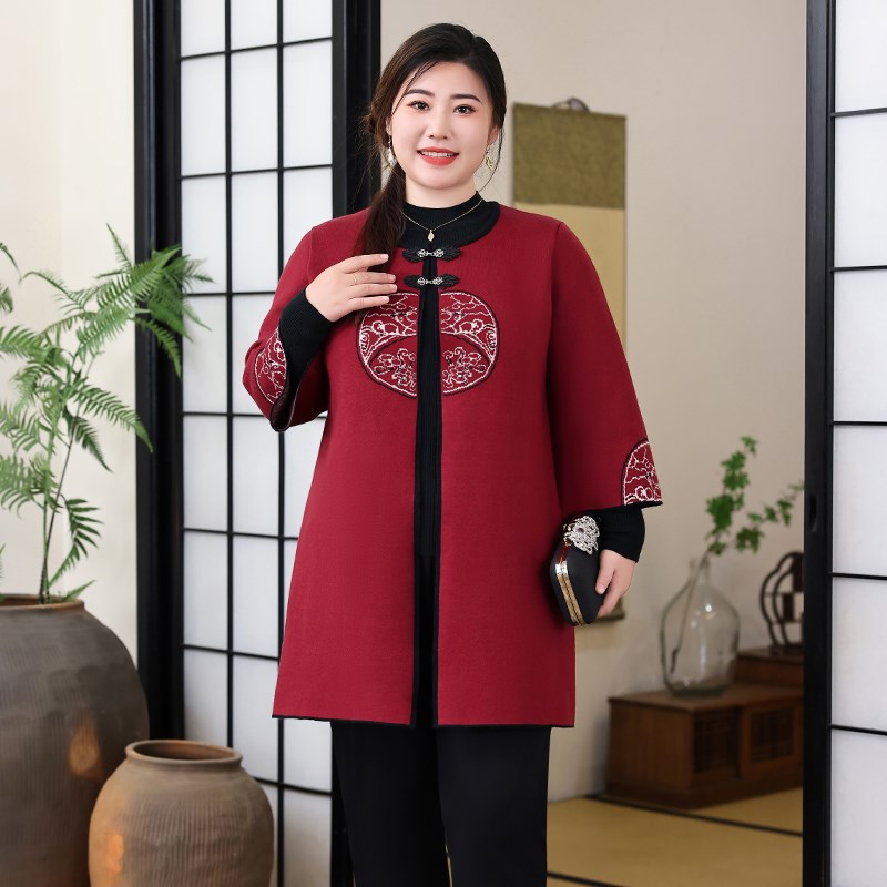新款国风开衫新中式外套洋气绣花妈妈春季2025大码女装中长款上衣 - 图0