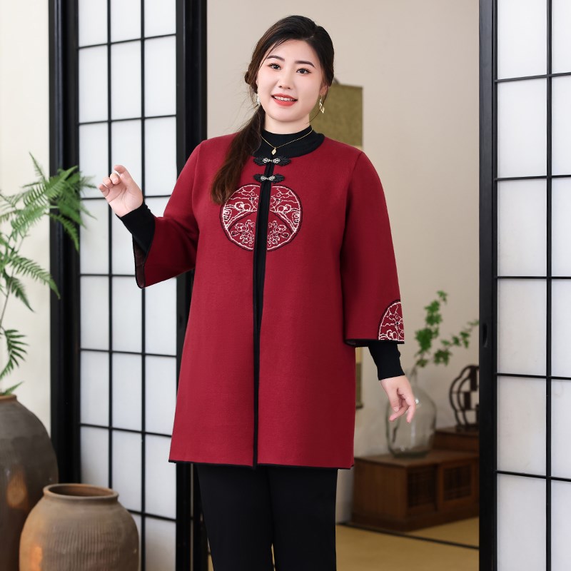 新款国风开衫新中式外套洋气绣花妈妈春季2025大码女装中长款上衣 - 图1