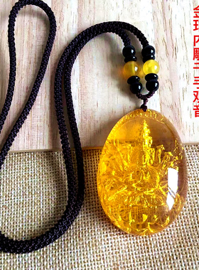 琥珀内雕经文蜜蜡心经金珀观音雕刻蓝珀水滴吊坠蛋面佛无事牌男女