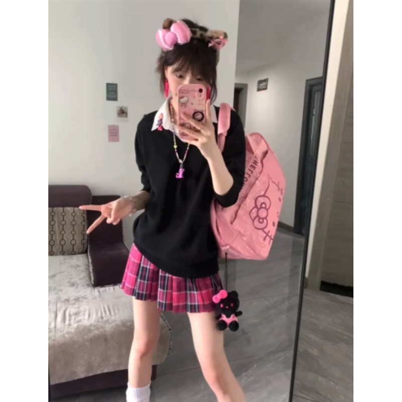 小玫JK制服套装黑色套头毛衣女秋冬学院风百搭v领针织衫长袖上衣 - 图0